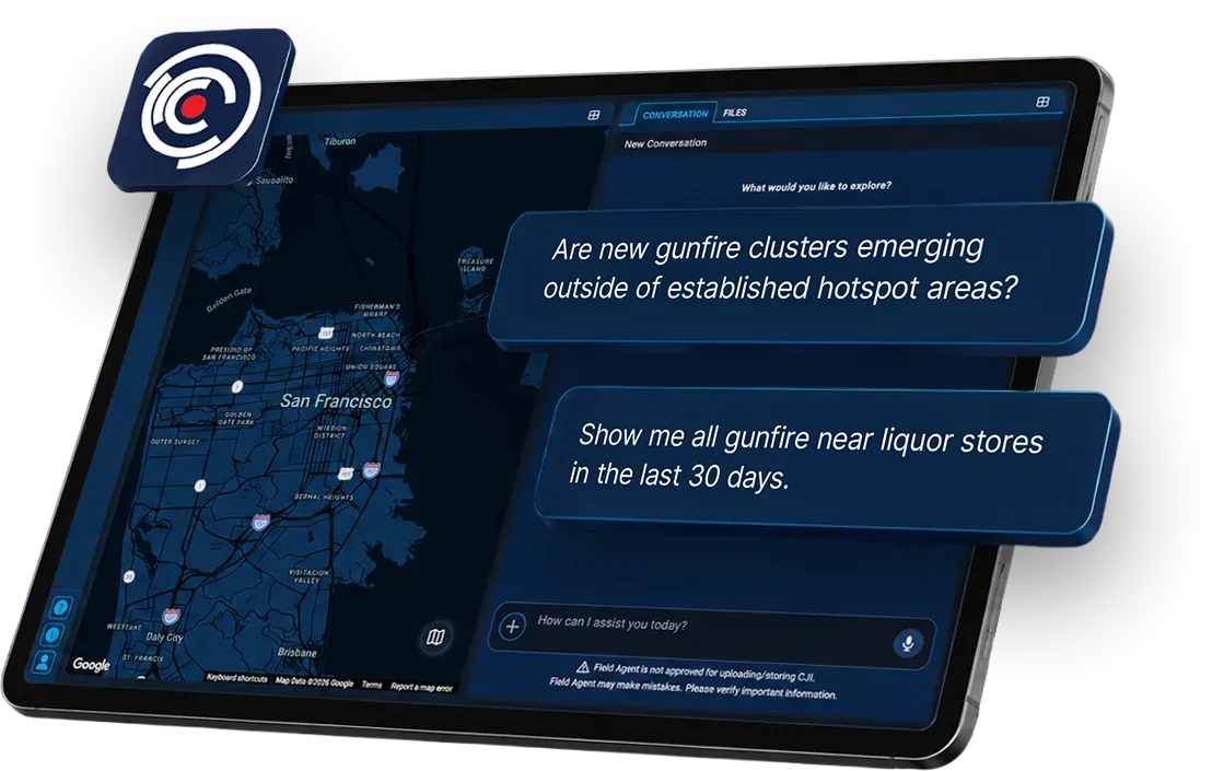 Field Agent displaying ShotSpotter gunfire questions and map results