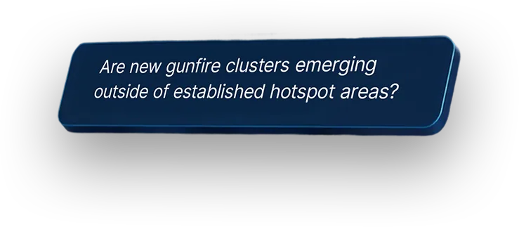 Are new gunfire clusters emerging outside of established hotspot areas?