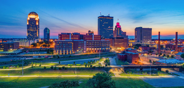 a view of a Winston-Salem, NC at night with lights on